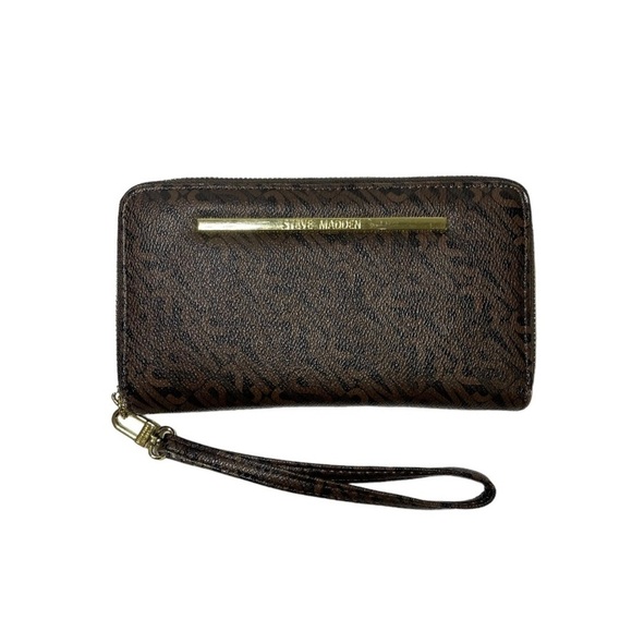 Steve Madden Wallet Large Zip Around Brown Leather Gold Wristlet Wrist Strap - Picture 1 of 11